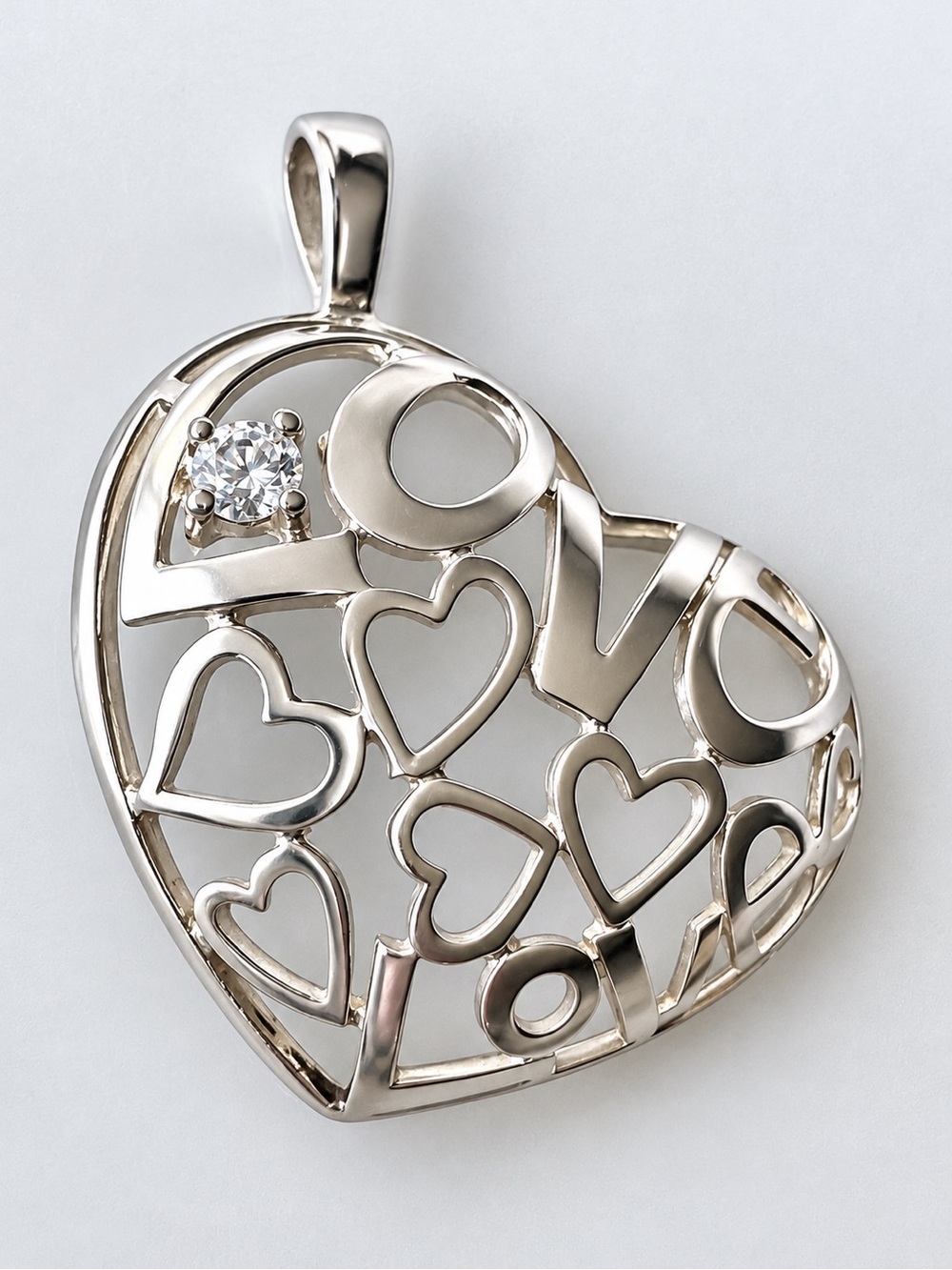 Vintage 925 Sterling Silver LOVE Heart Pendant Clear Stone Openwork